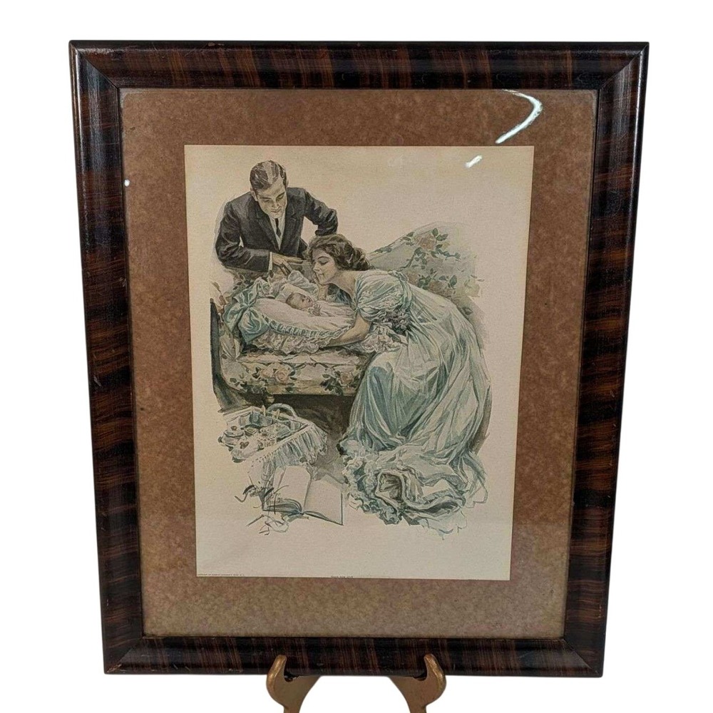 Vintage Framed Lithograph Couple with Newborn Baby Dark Wood Frame 18.5x22.5